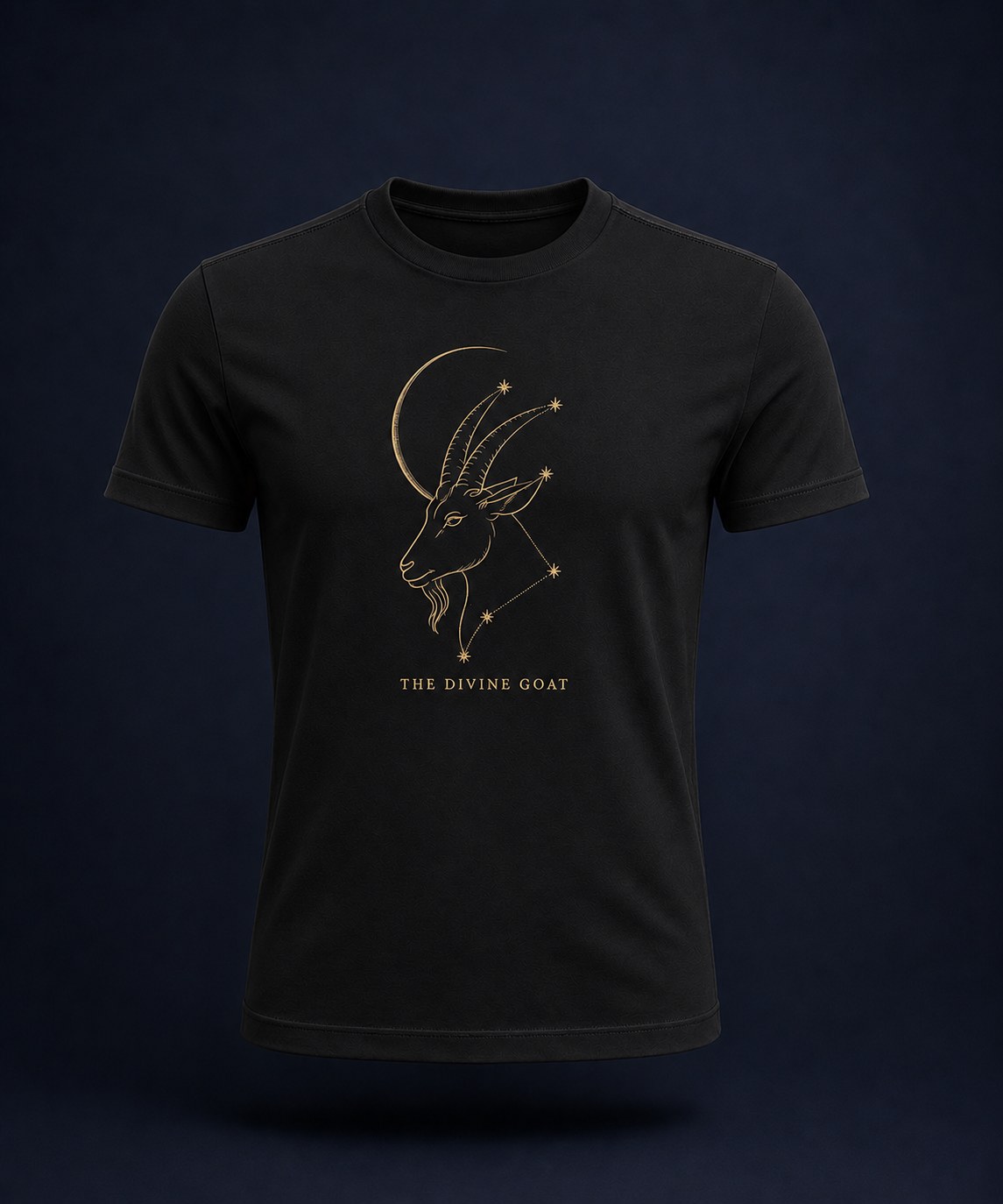 Constellation tee — jet black with gold moon and stars goat