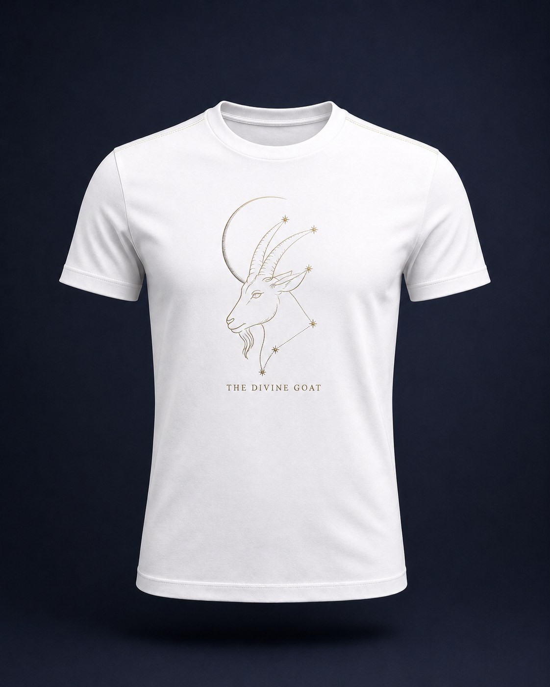 White Moon tee — pure white with gold constellation goat
